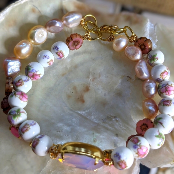 Victorian Darling Pink Opal Swarovski Crystal & Porcelain Beads Layered Bracelet - Picture 4 of 6